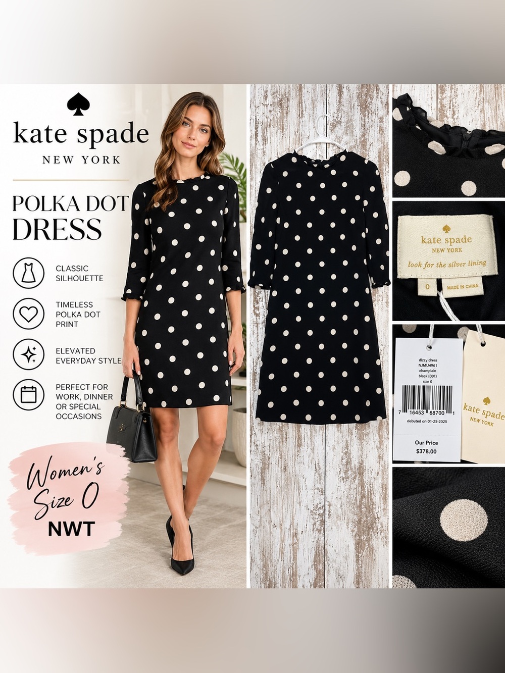 Kate Spade New York Dizzy Polka Dot Dress Black Women’s Size 0 NWT